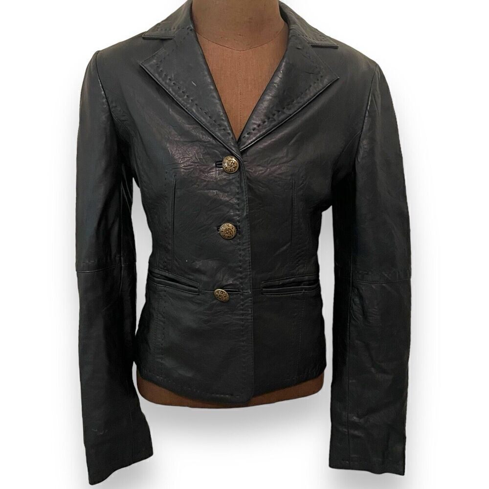 Leather Renditions By Sandi Leather Fitted Button Front Jacket‎ Size Small Black